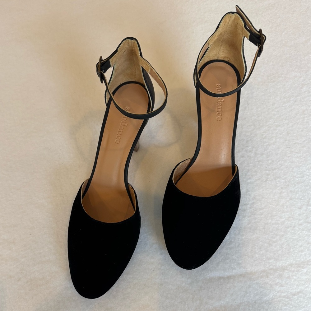 Sundance Elegant Ankle Strap Heels/Black D'Orsay Leather & Velvet